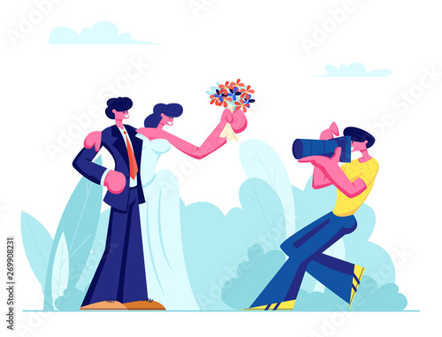 Photographer Making Picture of Young Couple of Bride in White Dress Holding Flowers Bouquet and Groom in Suit on Wedding Open Air Ceremony, Green Meadow Background Cartoon Flat Vector Illustration.