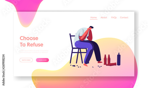 Unhappy Alcoholic Male Character Sitting on Chair with Empty Bottles and Crying. Drunk Man, Alcohol Addiction, Pernicious Habit Website Landing Page, Web Page. Cartoon Flat Vector Illustration, Banner