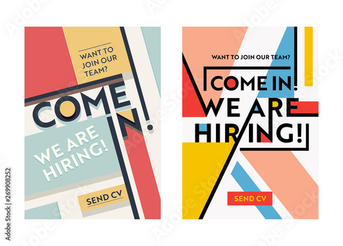 Business Recruiting Banner Design Set, Hiring Recruitment Posters, We Are Hiring Typography on Geometric Retro and Modern Colored Shapes Background. Flyer, Brochure Cover Template. Vector Illustration