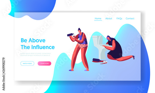 Alcohol Addiction People. Drunken Tipsy Female Characters Having Pernicious Habits Drunk Girls Pouring Wine, Puking in Toilet. Website Landing Page, Web Page. Cartoon Flat Vector Illustration, Banner
