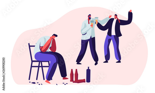 Drunk Men, Alcohol Addiction People. Male Characters Having Pernicious Habits Addictions and Substance Abuse, Suffering, Crying, Hugging in Funny Mood, Alcoholism. Cartoon Flat Vector Illustration
