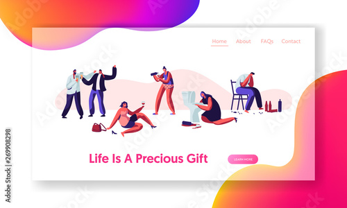 Alcohol Addiction People. Male and Female Characters Have Pernicious Habits Addictions and Substance Abuse, Drunk Men and Women Website Landing Page, Web Page. Cartoon Flat Vector Illustration, Banner