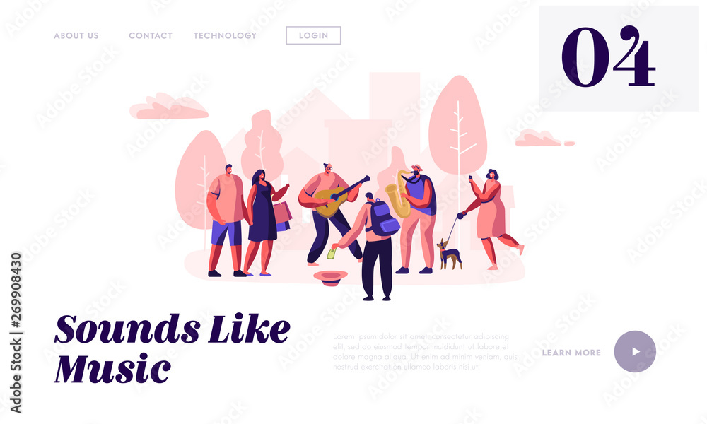 Guitarist and Saxophonist Playing Music in Park, People Watching Concert, Put Money in Hat, Street Musicians Perform Outdoors. Website Landing Page, Web Page. Cartoon Flat Vector Illustration, Banner