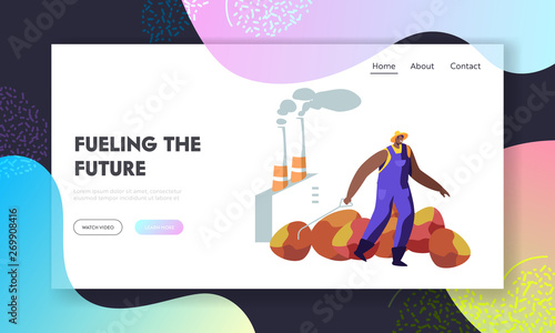 Worker Pulling Huge Coconut or Palm Tree Fruit for Oil Producing on Pipes Emitting Smoke Background. Seasonal Work, Industry, Website Landing Page, Web Page. Cartoon Flat Vector Illustration, Banner