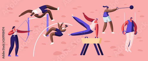 Professional Sport Activities Set. Male and Female Sportsmen Characters Workout. High Jump, Vaulting Horse, Pole Jumping, Core Shot, Bow Shooting, Gymnastics Exercises Cartoon Flat Vector Illustration