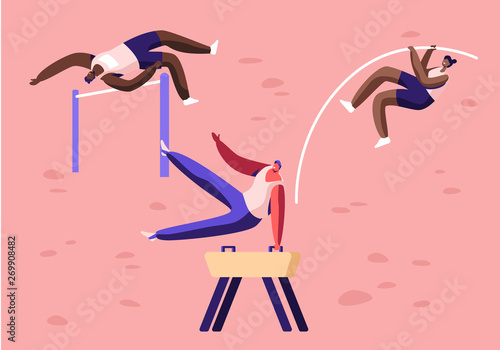 High Jump, over Barrier and with Pole, Exercise on Vaulting Horse. Olympic Games Sports Competition, Championship, Professional Sportsmen and Sportswomen Activity Cartoon Flat Vector Illustration