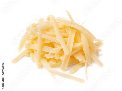 Fotografie Grated cheese isolated on white background. Slices cheese.
