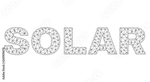 Mesh vector SOLAR text label. Abstract lines and circle dots form SOLAR black carcass symbols. Wire carcass 2D polygonal mesh in vector EPS format.