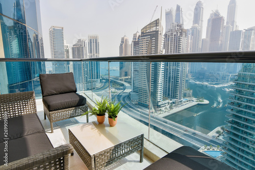 Balcony of a High Rise Elegant Apartment in Dubai Overlooking Marina