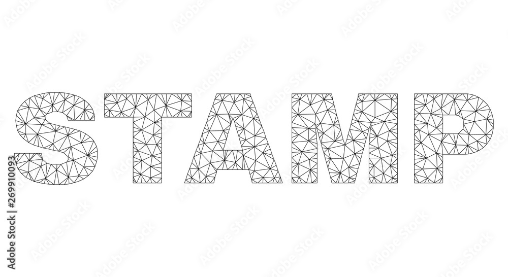 Mesh vector STAMP text. Abstract lines and spheric points are organized into STAMP black carcass symbols. Linear carcass 2D polygonal mesh in vector format. Mesh vector STAMP text. Abstract lines and spheric points are organized into STAMP black carcass symbols. Linear carcass 2D polygonal mesh in vector format.