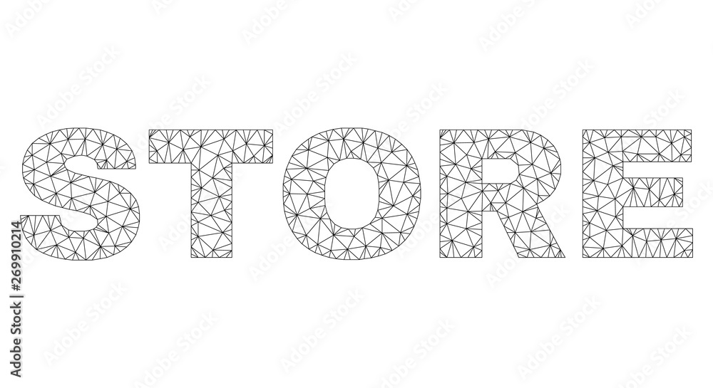 Mesh vector STORE text. Abstract lines and dots are organized into STORE black carcass symbols. Wire carcass 2D triangular mesh in vector EPS format.