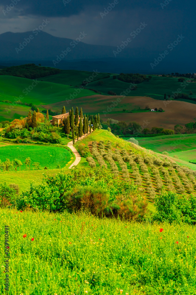 Landscape view of Belvedere after storm in Val D'Orcia, Tuscany, Italy