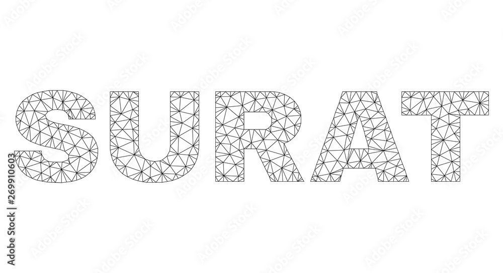 Mesh vector SURAT text caption. Abstract lines and small circles form SURAT black carcass symbols. Wire carcass 2D triangular mesh in vector format.