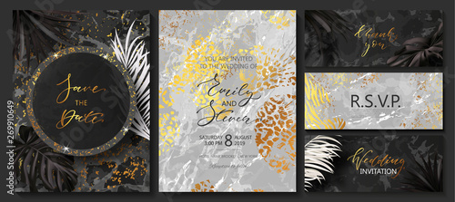 Luxury wedding invitation cards with marble golden texture and tropical plants.Vector illustration.Vector trendy background. Modern set of abstract card, template,posters.