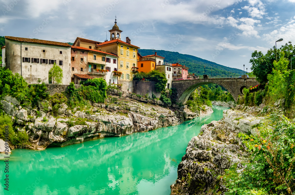 Beautiful ancient mediterranean town and emerald river.