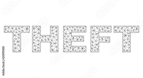 Mesh vector THEFT text. Abstract lines and small circles are organized into THEFT black carcass symbols. Linear carcass 2D triangular mesh in vector format.