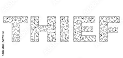 Mesh vector THIEF text. Abstract lines and spheric points are organized into THIEF black carcass symbols. Linear carcass 2D triangular mesh in vector EPS format.