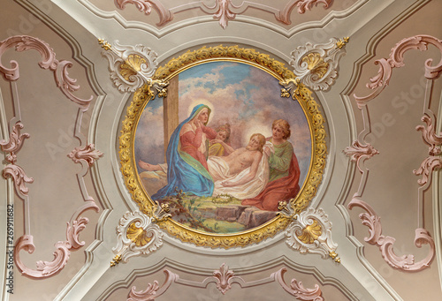 MENAGGIO, ITALY - MAY 8, 2015: The neobaroque fresco of Deposition of the cross (Pieta) in church chiesa di Santo Stefano by Luigi Tagliaferri (1841-1927).