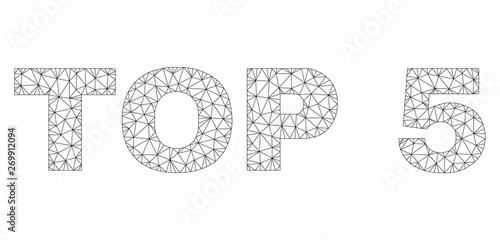 Mesh vector TOP 5 text label. Abstract lines and small circles are organized into TOP 5 black carcass symbols. Linear carcass flat polygonal mesh in vector EPS format.