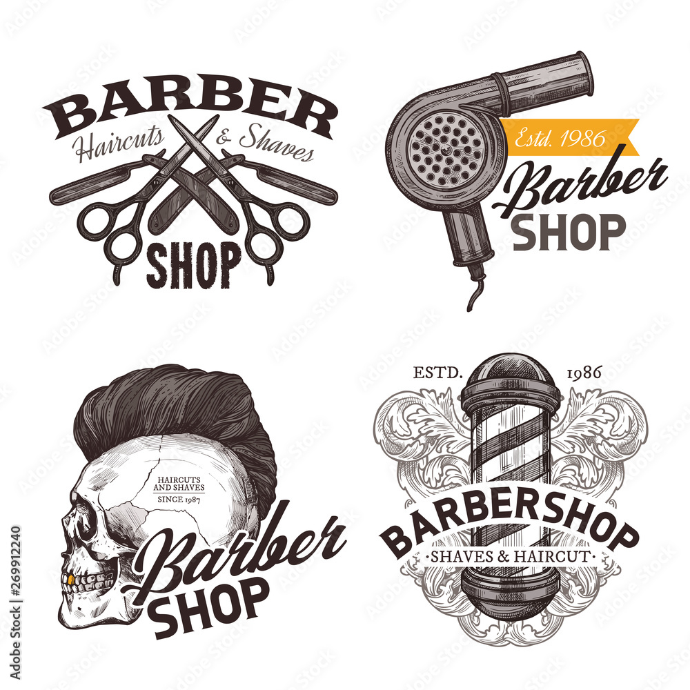 Set of vintage barbershop hand drawn labels. Sketch emblems and hipster trendy badges with typography - obrazy, fototapety, plakaty 
