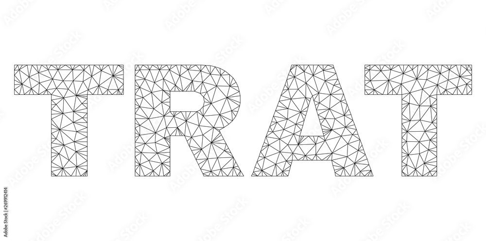 Mesh vector TRAT text. Abstract lines and spheric points form TRAT black carcass symbols. Wire carcass 2D polygonal mesh in vector EPS format.