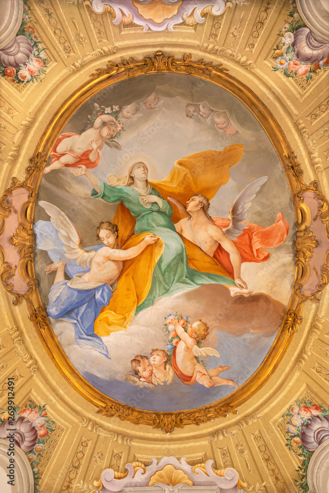 MENAGGIO, ITALY - MAY 8, 2015: The neobaroque fresco of Assumption of Virgin Mary in church Chiesa di Santa Marta.