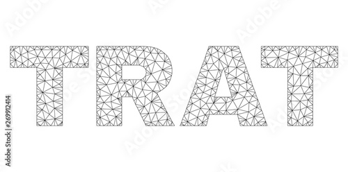 Mesh vector TRAT text. Abstract lines and spheric points form TRAT black carcass symbols. Wire carcass 2D polygonal mesh in vector EPS format.