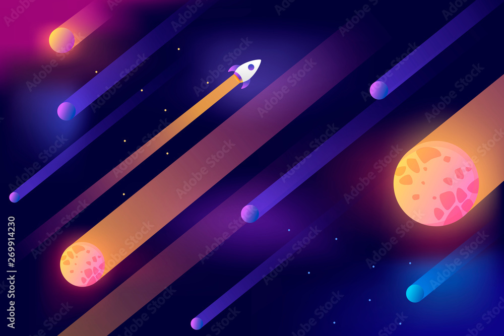 Horizontal space background with abstract shape and planets. Web design.  Falling asteroids. Space exploring. Vector illustration.  - obrazy, fototapety, plakaty 