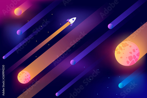 Horizontal space background with abstract shape and planets. Web design.  Falling asteroids. Space exploring. Vector illustration. 