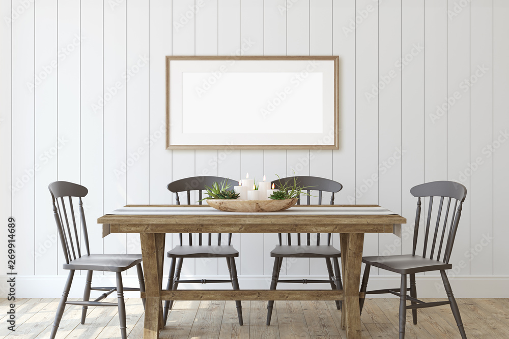 Modern farmhouse dining-room. 3d render. - obrazy, fototapety, plakaty 