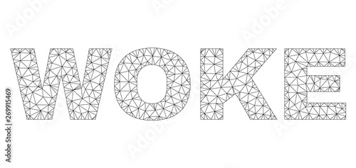 Mesh vector WOKE text caption. Abstract lines and points form WOKE black carcass symbols. Wire carcass flat triangular mesh in vector format.