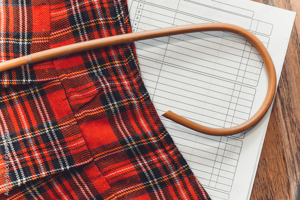 rattan cane and red school mini-skirt. schoolgirl spanking concept. adult  role play and sex toys. punishment after bad grades in school. failed exam.  Stock-Foto | Adobe Stock