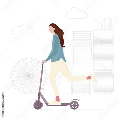 Young girl with long hair is riding electric scooter. Concept of healthy lifestyle, Ecology transport. Woman silhouette is engaged in leisure, entertainment, vehicle. Flat cartoon vector illustration