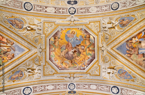 OSSUCCIO  ITALY - MAY 8  2015  The baroque fresco of Assumption of Virgin Mary in church Sacro Monte della Beata Vergine del Soccorso by Salvatore Pozzi di Puria   1595     1681 .