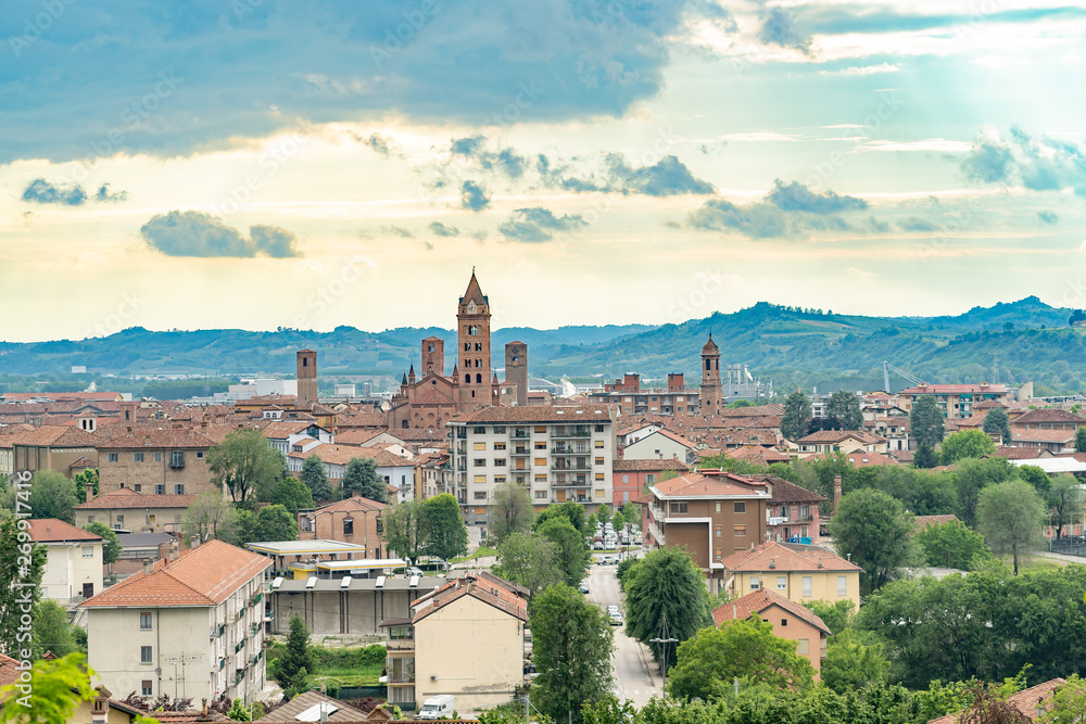 The town of Alba and its cathedral, Piemonte, Italy.  It is considered the capital of the UNESCO Human Heritage hilly area of Langhe, and is famous for its white truffle, peach and wine production