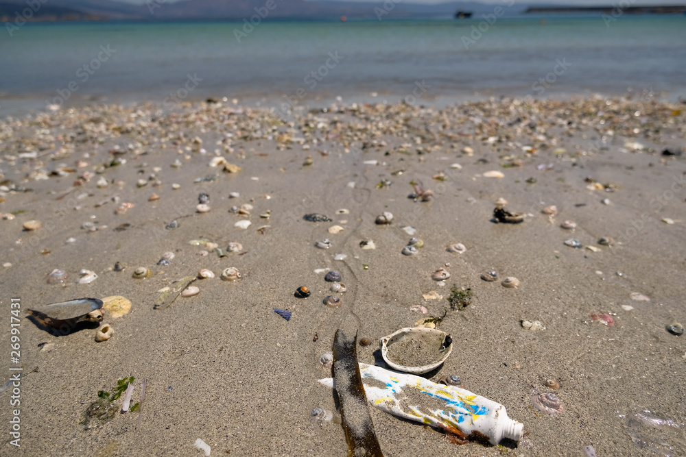 Toothpaste plastic container pollution on ocean sea Beach in seashells ...
