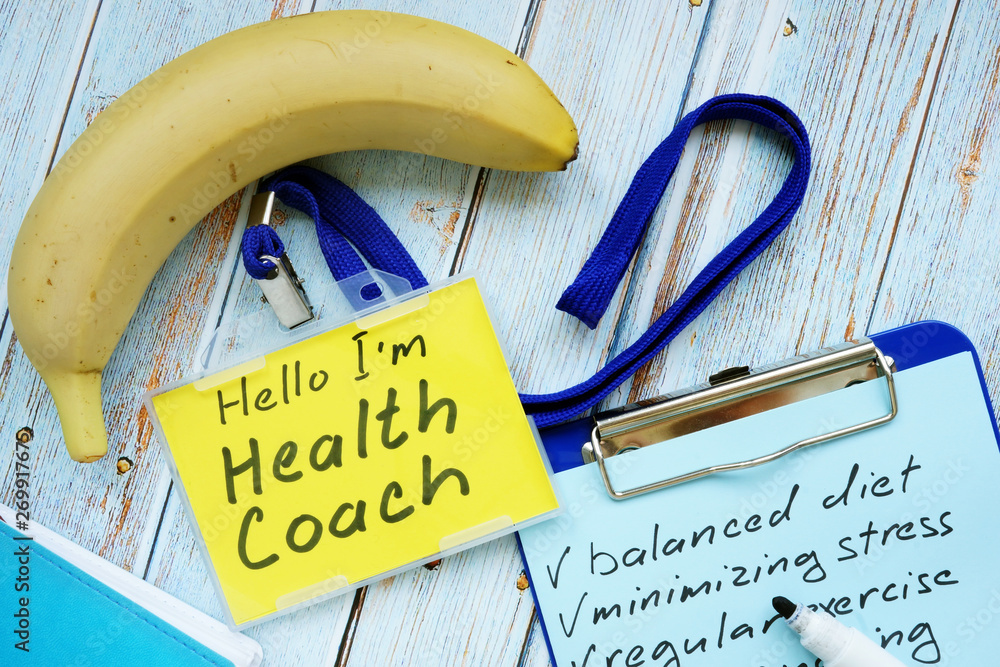 Health coach badge and check list with clipboard. Stock Photo | Adobe Stock