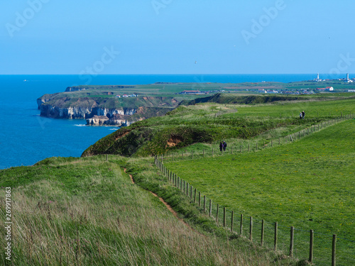 View from Bempton Cliffs along the coastal path to Flamborough Head on the East Yorkshire coast, England,