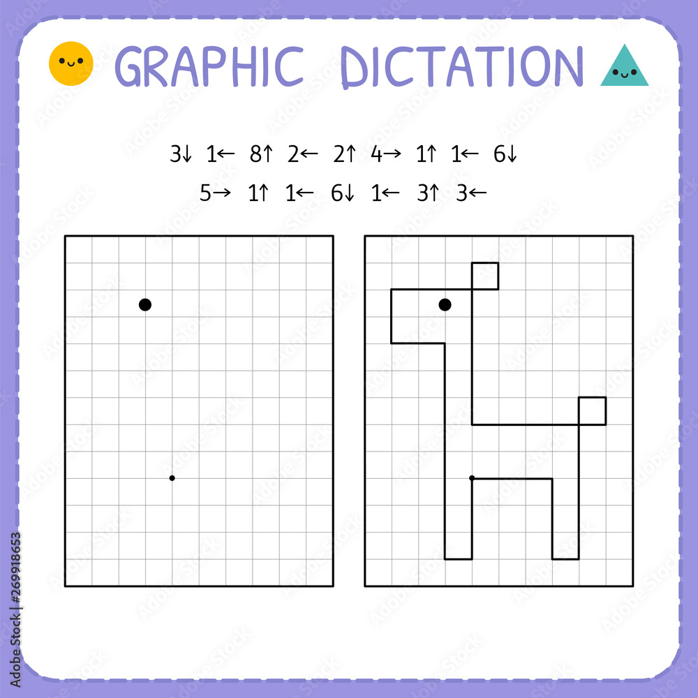 Graphic dictation. Giraffe. Kindergarten educational game for kids. Preschool worksheet for practicing motor skills. Working pages for children Graphic dictation. Giraffe. Kindergarten educational game for kids. Preschool worksheet for practicing motor skills. Working pages for children