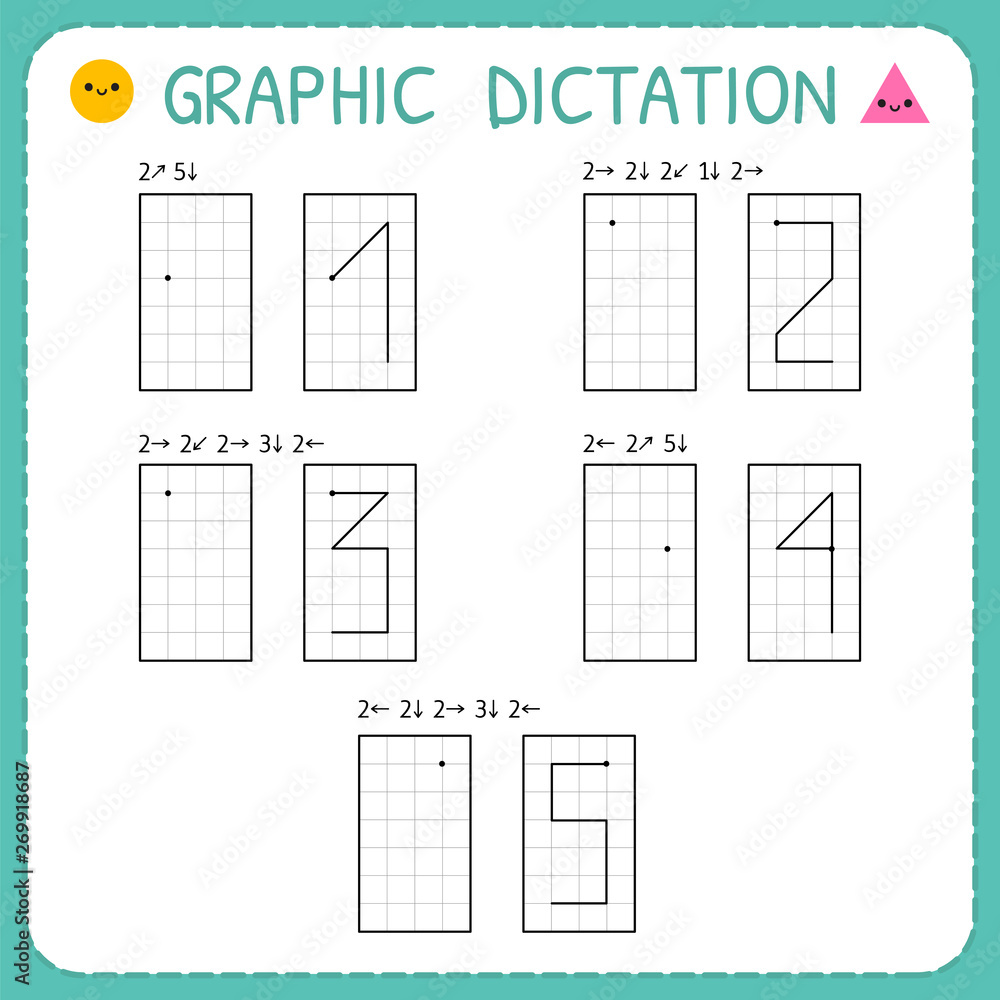 Graphic dictation. Numbers 1-5. Kindergarten educational game for kids. Preschool worksheet for practicing motor skills. Working pages for children Graphic dictation. Numbers 1-5. Kindergarten educational game for kids. Preschool worksheet for practicing motor skills. Working pages for children