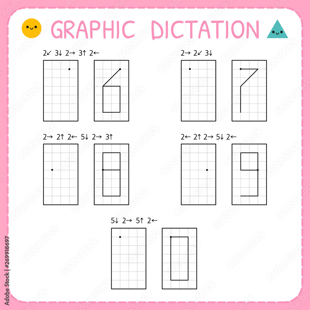 Graphic dictation. Numbers 6-0. Kindergarten educational game for kids. Preschool worksheet for practicing motor skills. Working pages for children Graphic dictation. Numbers 6-0. Kindergarten educational game for kids. Preschool worksheet for practicing motor skills. Working pages for children