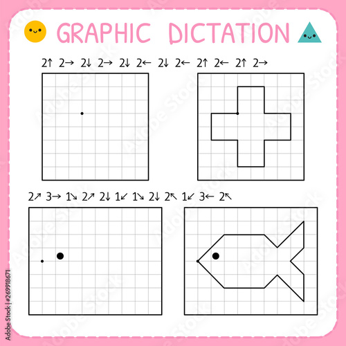 Graphic dictation. Kindergarten educational game for kids. Preschool worksheets for practicing motor skills. Working pages for children