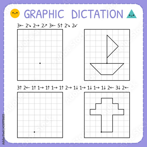 Graphic dictation. Kindergarten educational game for kids. Working pages for children. Preschool worksheets for practicing motor skills