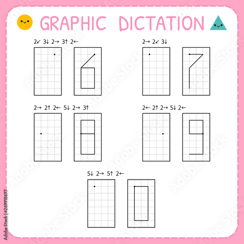 Graphic dictation. Numbers 6-0. Kindergarten educational game for kids. Preschool worksheet for practicing motor skills. Working pages for children