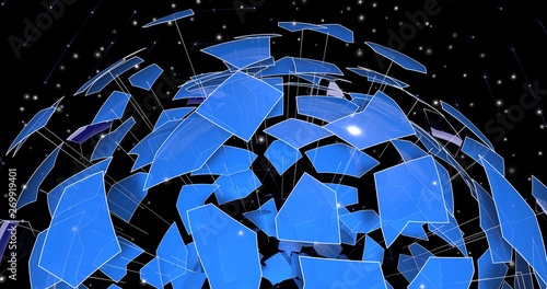 Illustration of innovative sphere of elements flying from the center. Render  of structure of polyhedral, lines, and particles in a planar 3D space.