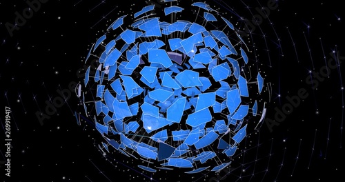 Illustration of innovative sphere of elements flying from the center. Render  of structure of polyhedral, lines, and particles in a planar 3D space.