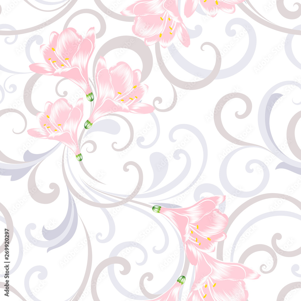 Seamless floral pattern with hand-drawn amaryllis flowers.
