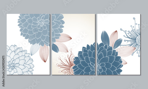 A set of three wall paintings, canvas for the living room. Poster element for interior design of a dining room, bedroom, office. Abstract floral background with dahlia flowers.Home decor of the walls