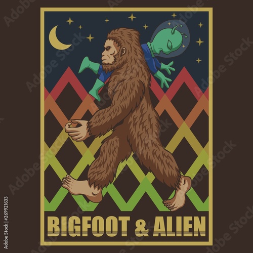bigfoot &amp; alien retro vector illustration