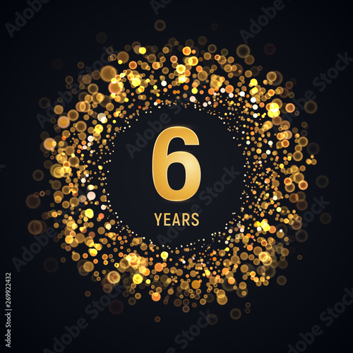 6 th years anniversary isolated vector design element. Sixth birthday logo with blurred light effect on dark background